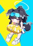  1girl absurdres ahoge animal_ears black_hair blue_archive blush detached_collar dog_ears dog_tail extra_ears facial_mark full_body halo halterneck hibiki_(blue_archive) hibiki_(cheer_squad)_(blue_archive) highres jorang_(jorang08) long_hair millennium_cheerleader_outfit_(blue_archive) open_mouth pleated_skirt ponytail purple_eyes shoes skirt solo star_(symbol) tail white_footwear white_skirt 