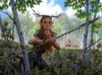  1girl antlers armor belt black_eyes cloud cloudy_sky commentary day deer elf finger_to_mouth flower freckles grass holding holding_polearm holding_weapon horns insect_wings johannes_voss leaf leather_armor magic:_the_gathering miara_(magic_the_gathering) nature official_art outdoors pointy_ears polearm red_hair shushing sky solo thigh_belt thigh_strap thorns tree weapon wings 