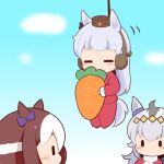  3girls animal_ears blue_sky blush_stickers bow brown_hair brown_hat carrot chibi closed_eyes cloud day ear_bow ear_covers food gold_ship_(umamusume) gomashio_(goma_feet) grey_hair hanging hat holding holding_food horse_ears horse_girl horse_tail jacket long_hair motion_lines multicolored_hair multiple_girls oguri_cap_(umamusume) outdoors pants purple_bow red_footwear red_jacket red_pants rope shoes sky special_week_(umamusume) tail track_jacket track_pants track_suit two-tone_hair umamusume very_long_hair white_hair 