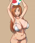  1girl arms_up ball beachball bikini bleach bleach:_sennen_kessen-hen breasts brown_eyes castell cleavage english_commentary flower hair_flower hair_ornament holding holding_ball holding_beachball huge_breasts inoue_orihime large_breasts long_hair looking_at_viewer navel official_alternate_costume open_mouth silver_bikini simple_background sketch smile solo swimsuit 
