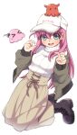  &gt;_&lt; 1girl absurdres baseball_cap blue_eyes blush bocchi_the_rock! boots full_body gotoh_hitori gotoh_hitori_(octopus) hat highres jacket long_hair long_skirt long_sleeves looking_at_viewer off_shoulder open_mouth pink_hair shaketampe skirt smile solo sweater sweater_tucked_in turtleneck turtleneck_sweater v very_long_hair 