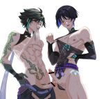  2boys abs arm_tattoo bar_censor black_hair black_sleeves blue_hair censored clothes_lift didin_ed facial_mark forehead_mark genshin_impact gloves green_gloves green_hair hair_between_eyes highres japanese_clothes male_focus multicolored_hair multiple_boys muscular muscular_male nipples open_clothes open_mouth open_shirt penis pubic_hair purple_eyes scaramouche_(genshin_impact) shirt_lift short_hair stomach_tattoo tattoo testicles wanderer_(genshin_impact) white_background xiao_(genshin_impact) yellow_eyes 