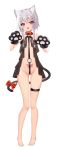  1girl :3 :d absurdres animal_ear_fluff animal_ears animal_hands bangs barefoot belt_collar black_ribbon blush bow cat_ears cat_girl cat_tail collar eyebrows_visible_through_hair eyes_visible_through_hair fang full_body gloves grey_hair groin hair_between_eyes hair_over_shoulder hand_up heart heart_tattoo highres leg_ribbon looking_at_viewer navel original paw_gloves paw_pose pink_eyes pubic_tattoo red_bow red_collar ribbon sakutaishi shiny shiny_hair short_hair simple_background smile solo standing tail tail_bow tail_ornament tail_raised tattoo toes white_background 