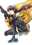  1girl absurdres bangs bare_shoulders black_gloves black_hair black_legwear commentary_request full_body gas_mask girls&#039;_frontline gloves gun headset heterochromia highres holding holding_gun holding_magazine_(weapon) holding_weapon jacket knee_pads long_hair looking_ahead mask mod3_(girls&#039;_frontline) multicolored_hair mutugorou_u open_clothes open_jacket open_mouth red_eyes ro635 ro635_(girls&#039;_frontline) simple_background skirt solo squatting streaked_hair twintails weapon white_background white_hair yellow_eyes yellow_jacket 