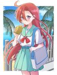  1girl ahoge aozora_middle_school_uniform aqua_skirt artist_name bag bookbag bow day drinking_straw kawanobe milk_carton outdoors pleated_skirt precure purple_eyes railing red_bow red_hair school_uniform serafuku shirt short_sleeves skirt solo takizawa_asuka tropical-rouge!_precure uniform white_shirt 