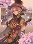  1boy 823/natalia bangs brown_capelet brown_eyes brown_gloves brown_headwear brown_pants cape capelet commission cowboy_shot falling_petals gloves hair_between_eyes hat highres holding holding_staff lantern looking_at_viewer male_focus mask pants paper_lantern parted_lips petals pink_hair ragnarok_online red_shirt shirt short_hair skeb_commission solo staff tengu_mask top_hat twitter_username white_cape wizard_(ragnarok_online) 