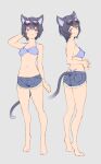  1girl :&gt; animal_ears animal_feet arm_up bare_shoulders barefoot bikini bikini_top_only blue_bikini blue_eyes blue_hair blush closed_mouth collarbone denim denim_shorts eyewear_on_head grey_background highres kemono_fabric mogumo multiple_views navel original own_hands_together purple-framed_eyewear short_hair shorts simple_background smile standing swimsuit tail 