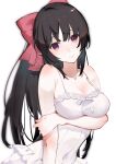  1girl black_hair bow breast_hold breasts cleavage closed_mouth commentary_request covered_navel dress hair_bow highres large_breasts long_hair looking_at_viewer neko_(ganecooo) noihara_himari omamori_himari ponytail purple_eyes solo sundress very_long_hair white_dress 
