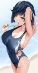  1girl absurdres arm_behind_head arm_up armpits bangs beach black_hair blurry blurry_background breasts cleavage collarbone competition_swimsuit covered_navel diagonal_bangs eating english_commentary eyebrows_visible_through_hair food from_side genshin_impact gradient_hair green_eyes highres large_breasts multicolored_hair one-piece_swimsuit popsicle popsicle_stick purple_hair short_hair skai_kun skindentation solo swimsuit water wet yelan_(genshin_impact) 