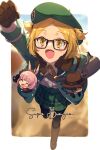  1girl bangs beret black_mittens blonde_hair blush breasts brown_legwear collared_shirt dress_shirt echo_(circa) fate/grand_order fate_(series) fur_collar glasses green_headwear green_jacket green_skirt hat jacket long_sleeves looking_at_viewer open_clothes open_jacket open_mouth pantyhose parted_bangs paul_bunyan_(fate) pleated_skirt shirt short_hair skirt small_breasts smile solo super_bunyan_(fate) two_side_up white_shirt yellow_eyes 