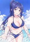  1girl absurdres arhah bikini blue_bikini blue_hair blush breasts cleavage eyebrows_visible_through_hair highres large_breasts long_hair looking_at_viewer love_live! love_live!_sunshine!! matsuura_kanan navel ocean parted_lips ponytail purple_eyes sky smile solo splashing swimsuit water 