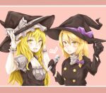  2girls bangs black_coat black_dress black_gloves black_headwear blonde_hair blush bow breasts coat commentary cookie_(touhou) dress gloves haiperion_buzan hair_between_eyes hair_bow hat hat_bow heart holding holding_microphone kirisame_marisa long_hair looking_at_viewer mars_(cookie) medium_breasts microphone multiple_girls open_mouth purple_bow rei_(cookie) smile touhou upper_body v-shaped_eyebrows white_bow witch_hat wrist_cuffs yellow_eyes 