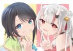  2girls :d absurdres bangs bare_shoulders bell black_hair blue_eyes blush commentary_request eyebrows_visible_through_hair fang green_shirt grey_hair grin hair_bell hair_bun hair_ornament hand_up highres hilamaru hololive horns jingle_bell long_hair looking_at_viewer multicolored_hair multiple_girls nakiri_ayame oni oni_horns oozora_subaru red_background red_eyes red_hair shirt short_sleeves side_bun smile streaked_hair striped striped_shirt two-tone_background upper_body v_over_mouth vertical-striped_shirt vertical_stripes virtual_youtuber white_background yellow_background 
