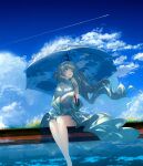  1girl arm_across_waist bangs bare_legs bird blue_dress blue_eyes blue_hair blue_sky chocoshi chromatic_aberration clothes_lift cloud contrail dress dress_lift flock flower flying grass hair_lift hand_up highres holding holding_umbrella light_particles long_hair long_sleeves looking_away original parted_lips railing scenery shaded_face sitting sky skyline solo transparent transparent_umbrella umbrella white_dress wide_sleeves wind wind_lift yellow_flower 