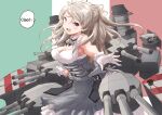  1girl breasts brown_eyes cannon cleavage conte_di_cavour_(kancolle) corset dress frilled_dress frills fuji_(pixiv24804665) gloves grey_dress grey_hair highres italian_flag kantai_collection large_breasts long_hair looking_at_viewer machinery open_mouth outstretched_arm rigging sleeveless sleeveless_dress solo speech_bubble teeth turret two-tone_dress two_side_up upper_teeth white_dress white_gloves 