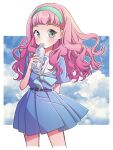  1girl aqua_hairband arm_behind_back artist_name bangs blue_skirt blush bottle cloud green_eyes hairband kawanobe laura_la_mer long_hair looking_at_viewer outdoors pink_hair precure school_uniform serafuku skirt solo standing tropical-rouge!_precure water_bottle 