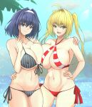  2girls absurdres ahoge bangs bikini black_bikini blonde_hair blue_eyes blue_hair breast_press breasts cleavage criss-cross_halter eyebrows_visible_through_hair fate/grand_order fate_(series) hair_between_eyes hairband halterneck hand_on_another&#039;s_hip hand_on_another&#039;s_shoulder hand_on_hip highres hololive hololive_english large_breasts long_hair looking_at_viewer multiple_girls nero_claudius_(fate) nero_claudius_(swimsuit_caster)_(fate) open_mouth ouro_kronii red_bikini short_hair side-by-side side-tie_bikini smile striped striped_bikini swimsuit symmetrical_docking twintails white_hairband zone25388591 