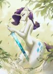  anthro bodily_fluids breasts cutie_mark equid equine female friendship_is_magic hair hi_res horn horse long_hair mammal mashiro_sssinohu melee_weapon my_little_pony nipples nude pony purple_hair rarity_(mlp) solo sword tears unicorn water weapon white_body 