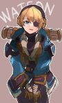  1girl apex_legends bangs black_footwear black_pants black_shirt blue_eyes blue_jacket brown_background character_name deep_current_wattson eyebrows_visible_through_hair eyepatch freckles head_tilt highres jacket leaning_forward official_alternate_costume one_eye_covered pants scar scar_on_cheek scar_on_face shirt sketch smile solo vivi_(skuskuma_) wattson_(apex_legends) 