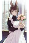  1girl :&lt; animal_ears apron bangs black_dress blunt_bangs blurry blush bouquet brown_hair closed_mouth day dress expressionless flower green_eyes holding holding_vase indoors long_sleeves looking_at_viewer maid maid_apron mole original pink_flower pink_rose puffy_sleeves rabbit_ears rose solo syuri22 white_apron window 