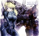  1girl bangs black_bodysuit black_hairband blonde_hair bodysuit breasts clenched_hand copyright_name eyebrows_visible_through_hair gun gunhed hairband headset holding holding_gun holding_weapon matayoshi_(nopple_1000) mbr-5ra2c_gunhed mecha medium_breasts nim_(gunhed) pilot_suit science_fiction smile weapon 