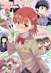  1boy 6+girls blazer bow bowtie brown_eyes brown_hair brown_jacket cat commentary_request happy_birthday head-mounted_display highres jacket kamijou_touma misaka_imouto misaka_imouto_10032 misaka_imouto_10032&#039;s_cat misaka_mikoto multiple_girls multiple_views okara plaid plaid_skirt pleated_skirt red_bow red_bowtie sakugawa_school_uniform saten_ruiko school_uniform serafuku shirai_kuroko short_hair skirt solo_focus toaru_kagaku_no_railgun toaru_majutsu_no_index tokiwadai_school_uniform uiharu_kazari upper_body 