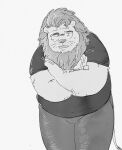  2022 anthro belly big_belly bottomwear clothing eyewear felid glasses hi_res humanoid_hands kemono lion male mammal overweight overweight_male pantherine pants pommn_mn shirt simple_background solo topwear 