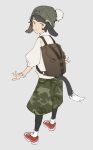  1boy :&gt; animal_ears backpack bag beanie black_hair brown_bag brown_eyes cargo_pants closed_mouth fur_trim green_headwear grey_background hat highres kemono_fabric looking_back male_focus mogumo original pants red_footwear shoes simple_background smile sneakers socks solo tail 