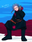  1boy animal bangs belt black_jacket black_pants blue_background boku_no_hero_academia brown_belt cat closed_mouth grey_background invisible_chair jacket male_focus mittens ohhhhhhtsu pants purple_hair red_background shinsou_hitoshi shiny shiny_hair short_hair sideways_glance sitting solo spiked_hair translation_request twitter_username 
