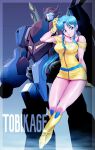  1girl blue_eyes blue_hair boots bra_strap breasts clenched_hand collarbone gloves glowing glowing_eyes highres houraiou long_hair looking_at_viewer low_ponytail matayoshi_(nopple_1000) mecha medium_breasts ninja_senshi_tobikage off-shoulder_shirt off_shoulder panties red_panties reni_ai shirt underwear yellow_footwear yellow_gloves yellow_shirt 