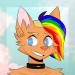  2019 anthro blue_eyes canid canine canis choker collar craig_dyke_(character) digideer_(artist) digital_media_(artwork) domestic_cat ear_piercing felid feline felis fur hair hi_res looking_at_viewer male mammal multicolored_hair piercing rainbow rainbow_hair simple_background smile solo wolf wolky 