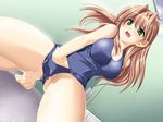  barefoot brown_hair censored dutch_angle feet game_cg green_eyes hand_under_clothes hand_under_swimsuit long_hair masturbation mosaic_censoring one-piece_swimsuit open_mouth presence sasakawa_ai school_swimsuit school_swimsuit_flap solo sweat swimsuit takapiko toes 