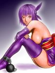  ayane_(doa) boots breasts chain chained cum cum_in_mouth dead_or_alive elbow_gloves gloves headband large_breasts latex looking_back nekoi_mie purple_footwear purple_hair red_eyes shirt_pull short_hair solo thighhighs topless 