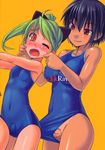  2girls ahoge aihara_ai animal_ears black_hair blush bosshi breasts brown_eyes bulge cheek_pinching competition_school_swimsuit erection erection_under_clothes fangs flat_chest futa_with_futa futabu futanari green_hair highres itou_aya large_breasts long_hair multiple_girls one-piece_swimsuit one-piece_tan open_mouth orange_eyes penis pinching poking ponytail short_hair smirk swimsuit tan tanline thigh_gap wince 