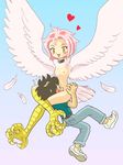  1girl blush breasts claws collar copyright_request cunnilingus denim feathered_wings feathers harpy heart hetero jeans leg_lock monster_girl navel nipples nude oral pants pink_hair pukao shoes short_hair slit_pupils small_breasts smother tail_feathers talons wings yellow_eyes 