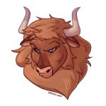  anthro bovid bovine brown_body brown_eyes brown_fur disembodied_head flaviomodezto frown fur furrowed_brow glare head_tuft headshot_portrait hi_res horn male mammal neck_tuft portrait simple_background solo tuft white_background 