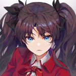  1girl bangs black_hair black_ribbon blue_eyes closed_mouth coat collared_shirt eyebrows_visible_through_hair fate/stay_night fate_(series) hair_ribbon looking_at_viewer red_coat ribbon shirt solo tohsaka_rin twintails upper_body wellsy white_background white_shirt 