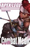  1girl apex_legends black_pants bleach blue_gloves cover cover_page d.o.c._health_drone dark-skinned_female dark_skin detached_sleeves double_bun drumsticks fake_cover from_above gloves grey_tank_top headband headset highres holding holding_drumsticks lifeline_(apex_legends) logo_parody manga_cover open_mouth pants red_hair robot shock_sticks_(apex_legends) sitting solo tank_top thundergotch white_headband 