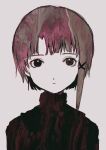  1girl asymmetrical_hair black_sweater brown_eyes hair_ornament hairclip iwakura_lain looking_at_viewer ooooo_qo psychedelic serial_experiments_lain simple_background single_sidelock solo sweater turtleneck turtleneck_sweater x_hair_ornament 