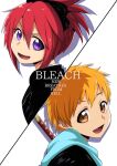  1boy 1girl abarai_ichika black_bow bleach bow brown_eyes copyright_name hair_between_eyes hair_bow highres japanese_clothes kurosaki_kazui looking_at_viewer lovelesslover00 open_mouth orange_hair ponytail portrait purple_eyes red_hair short_hair sidelocks sword weapon white_background 