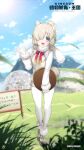  1girl alpaca_suri_(kemono_friends) animal_costume animal_ear_fluff animal_ears blue_eyes highres kemono_friends kemono_friends_kingdom long_hair looking_at_viewer mountain multiple_tails nature neck_ribbon open_mouth ribbon scarf shirt shoes sky smile solo tail tray 
