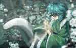  1girl blue_hair bubble closed_eyes drill_hair fish_tail green_kimono head_fins highres japanese_clothes kimono mermaid monster_girl open_mouth solo stone suna_(s73d) tail touhou underwater wakasagihime water 