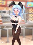  1girl absurdres animal_ears baek_hyang&#039;geum bang_dream! black_bow black_bowtie black_legwear black_leotard blurry blurry_background blush bow bowtie breasts cleavage covered_navel detached_collar embarrassed feet_out_of_frame highres leotard light_blue_hair long_hair matsubara_kanon medium_breasts nose_blush one_side_up pantyhose playboy_bunny purple_eyes rabbit_ears rabbit_tail solo strapless strapless_leotard tail wavy_hair wrist_cuffs 