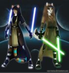  anthro biped black_eyebrows black_stripes blue_eyes blue_hair blue_lightsaber blue_stripes brown_hair claws clothing duo eyebrows felid female front_view fur glistening glistening_eyes green_claws green_lightsaber green_nose green_pawpads hair hi_res inner_ear_fluff lightsaber mammal markings melee_weapon narrowed_eyes pawpads pink_inner_ear pink_nose red_eyes robe smile smirk standing star_wars striped_body striped_fur striped_markings striped_tail stripes tail_markings tan_body tan_ears tan_fur tuft weapon white_body white_fur white_inner_ear white_inner_ear_fluff 