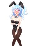  1girl absurdres animal_ears baek_hyang&#039;geum bang_dream! black_bow black_bowtie black_legwear black_leotard blush bow bowtie breasts cleavage covered_navel detached_collar embarrassed feet_out_of_frame highres leotard light_blue_hair long_hair matsubara_kanon medium_breasts nose_blush one_side_up pantyhose playboy_bunny purple_eyes rabbit_ears rabbit_tail simple_background solo strapless strapless_leotard tail wavy_hair white_background wrist_cuffs 