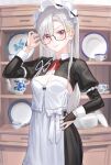  1girl apron bangs black_dress blush breasts bridal_gauntlets cleavage dress earrings frills glasses grin highres jewelry juliet_sleeves kfr long_hair long_sleeves looking_at_viewer maid maid_headdress medium_breasts original puffy_sleeves red_eyes smile solo white_apron white_hair 
