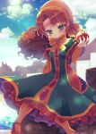  1girl breasts curly_hair dragon_quest dragon_quest_vii dress highres hood long_hair looking_at_viewer maribel_(dq7) smile solo 