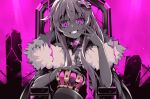  1girl blood conquest_end crazy_eyes crown d-pad d-pad_hair_ornament evil_smile fur_trim giga-tera hair_ornament king_(vocaloid) long_hair nepgear neptune_(series) pink_blood pink_eyes purple_eyes sitting smile solo vocaloid 