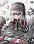  1girl bangs baseball_cap black_jacket blurry chain death-sensei_(mori_calliope) dj gold_chain hat headphones highres hololive hololive_english horns horns_through_headwear hurybone ibispaint_(medium) jacket listening_to_music long_hair microphone mixing_console mori_calliope pink_hair scythe speaker sunglasses turntable very_long_hair virtual_youtuber 