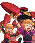  2girls amania_orz angry black_dress blush clenched_hands dress elpeo_puru gloves gundam gundam_zz highres mecha mobile_suit multiple_girls open_mouth orange_hair pilot_suit purple_shirt puru_two qubeley_mk_ii red_eyes red_gloves science_fiction shirt short_hair_with_long_locks translation_request v-shaped_eyebrows 